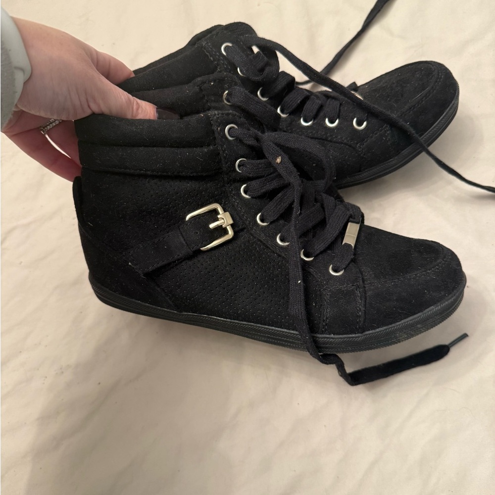 Call it spring black and gold high top suede sneakers size 6